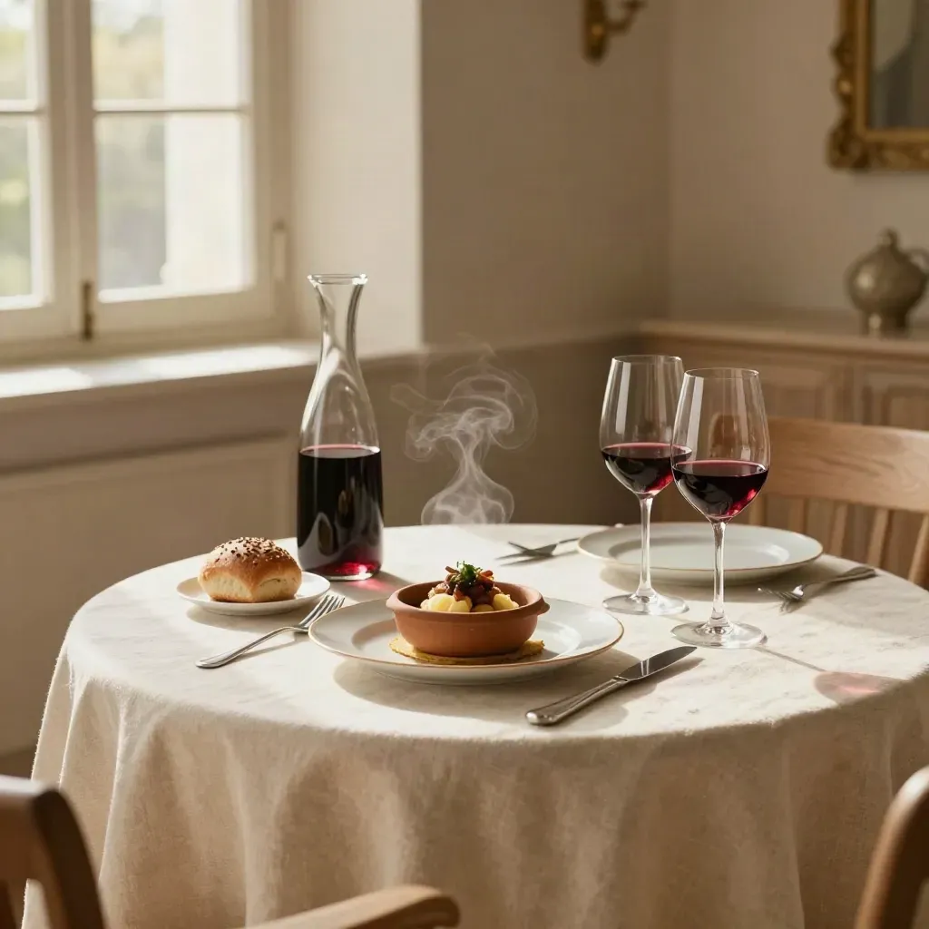 Table pour deux avec plats dégustation, carafe de vin et deux verres dans une lumière chaude.