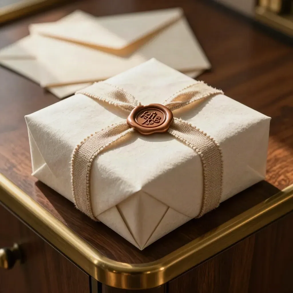 Un coffret cadeau fermé avec ruban de lin et sceau de cire, prêt à être envoyé.