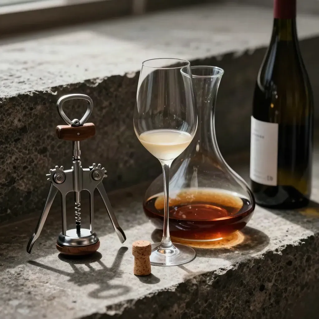 Nature morte élégante de sommelier avec tire-bouchon, carafe, verre tulipe et bouteille sombre.