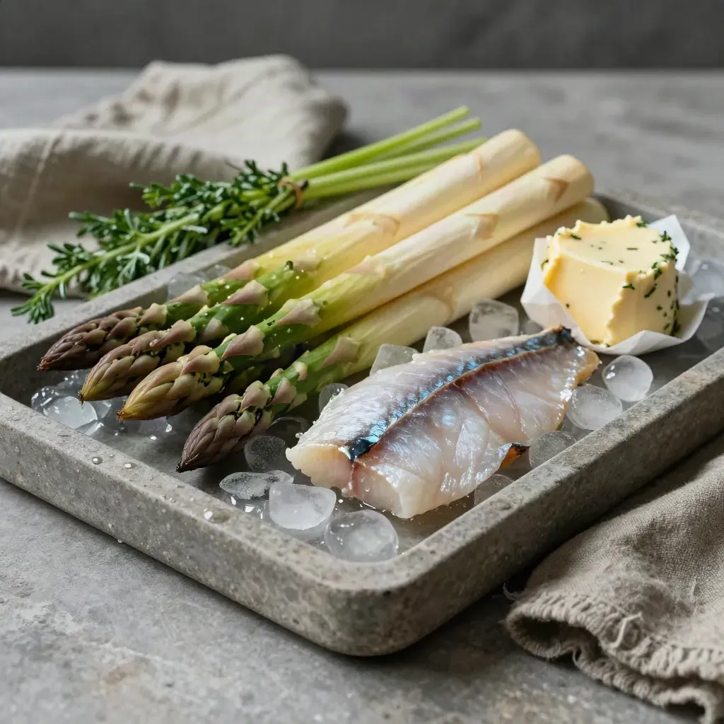Plateau de mise en place avec asperges, herbes, beurre composé et poisson sur glace.