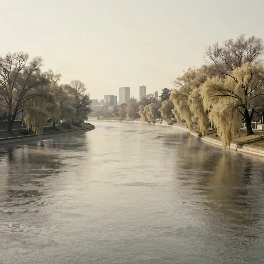 Berge arborée de la Seine à l’heure bleue, tours lointaines et eau argentée dans la brume.