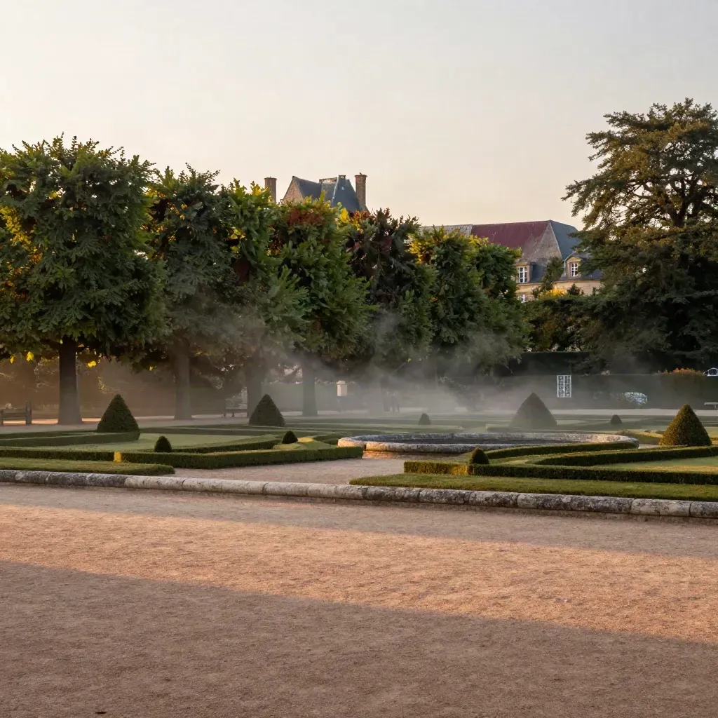 Parc aristocratique doré au crépuscule, château lointain et brume sur les arbres.